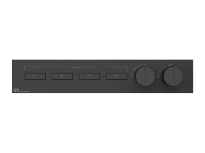 На изображении товар Термостат Gessi HI-FI, с кнопками вкл/выкл, до 4 функций одновременно, внешняя часть, ширина 535 мм, цвет Matte Black от официального представителя в Москве