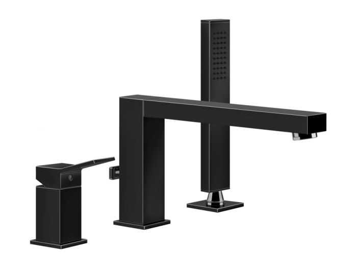 На изображении товар Смеситель для ванны Gessi Rettangolo K, на 3 отверстия с переключателем, изливом и ручным душем, цвет Black Metal PVD от официального представителя в Москве