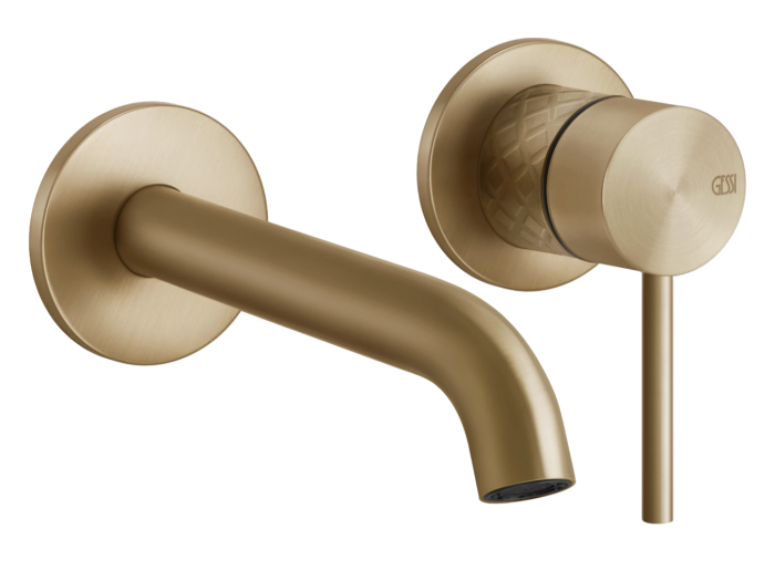 На изображении товар Смеситель для раковины Gessi316, настенный с длинным изливом, без донного клапана, внешние части, цвет Warm Bronze Brushed PVD от официального представителя в Москве