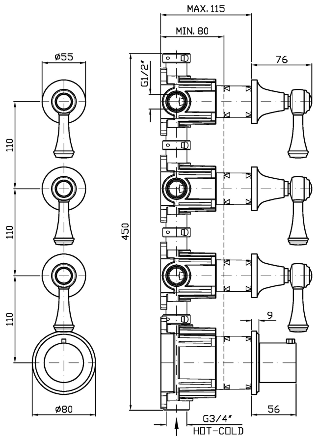 Термостат для душа Zucchetti Agora, встраиваемый, на  3/4",  с 3-я запорными вентилями, вертикально/горизонтальная установка, внешняя часть, цвет хром - изображение 1