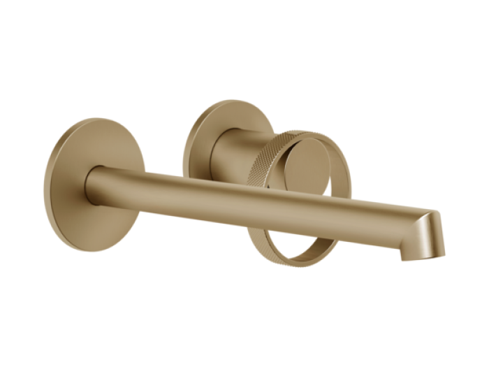 На изображении товар Смеситель для раковины Gessi Anello, настенный, длинный излив, встраиваемый, цвет Warm Bronze Brushed PVD от официального представителя в Москве