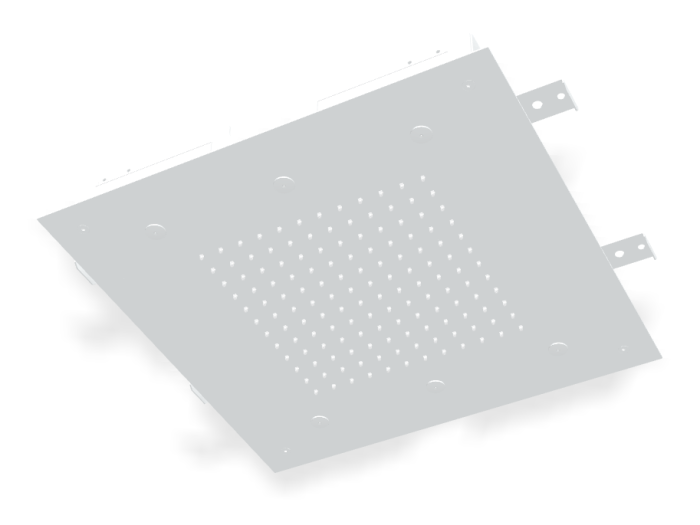 На изображении товар Верхний душ Carlo Frattini Harmonia, потолочный, с защитой от известкового налёта, ливневой струёй и 6 форсунками для мелкого распыления воды, 500x500 мм, цвет белый матовый от официального представителя в Москве