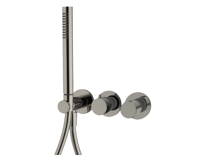 На изображении товар Cмеситель для душа Carlo Frattini Spillo Tech, G Collection, встраиваемый, 2 потребителя, душевой гарнитур, внешняя часть, цвет брашированный никель от официального представителя в Москве
