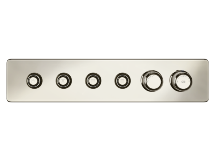 На изображении товар Термостат Gessi HI-FI Eclectic, встраиваемый, до 4 функций одновременно, с кнопками вкл/выкл, внешняя часть, цвет Nickel PVD от официального представителя в Москве