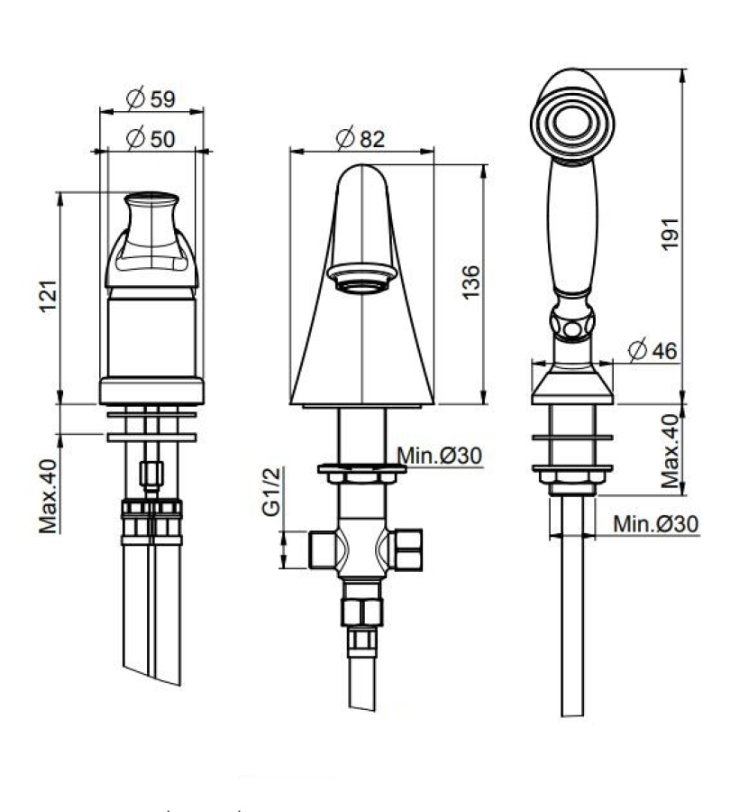 Смеситель для ванны Carlo Frattini Lamp/Bell, на борт, с изливом, вытяжным ручным душем и держателем, нейлоновым шлангом 1500 мм, Н-191 мм, цвет хром - изображение 1