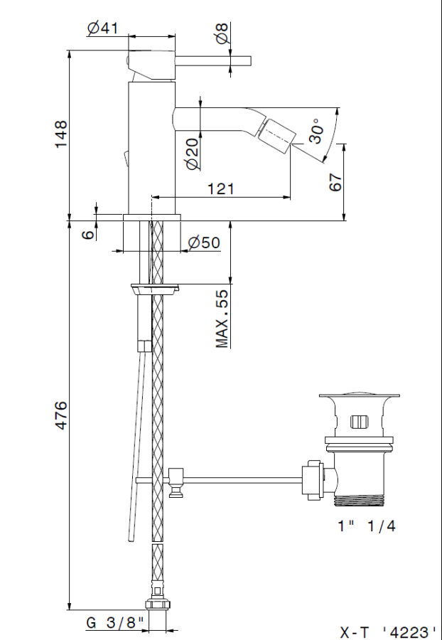 Cмеситель для биде Newform Xt, однорычажный, на 1 отверстие, донный клапан, соединительные шланги с внутренней резьбой, цвет PVD Glossy gold - изображение 1