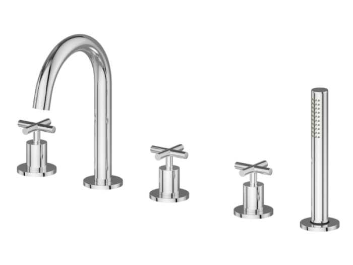 На изображении товар Смеситель для ванны Newform Blink, на 5 отверстий, с переключателем, вытяжным ручным душем, цвет PVD Glossy gold от официального представителя в Москве