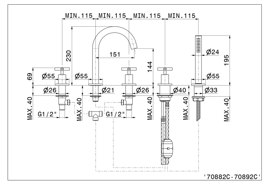 Смеситель для ванны Newform Blink, на 5 отверстий, с переключателем, вытяжным ручным душем, цвет PVD Glossy gold - изображение 1