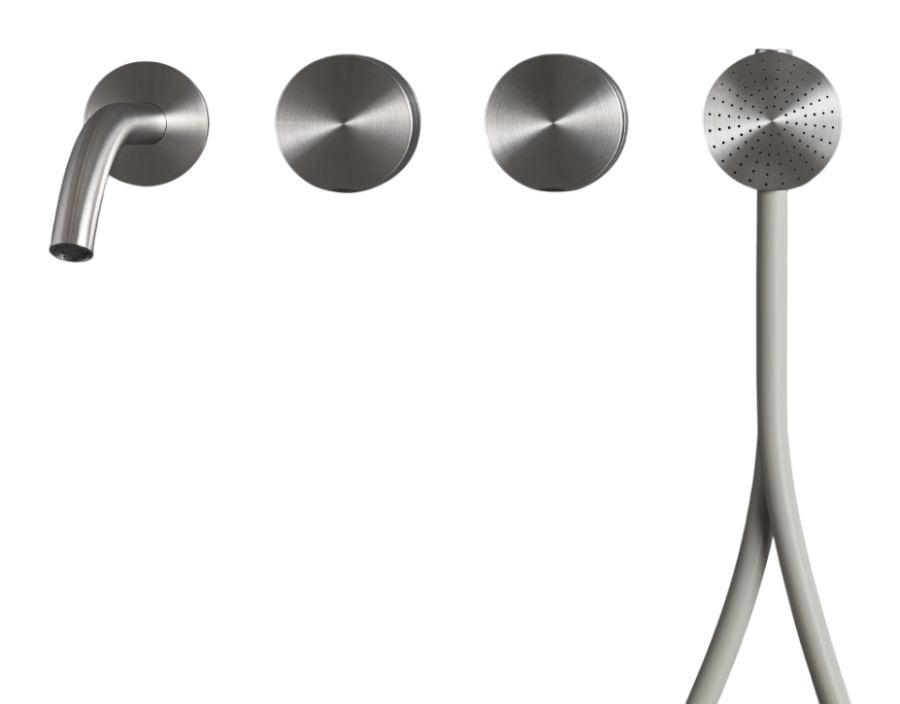 Смеситель для ванны CeaDesign Giotto Plus, настенный, излив, ручной душ Ø 65 мм, шланг в цвете Silk Grey, внешняя часть, цвет сатинированная сталь