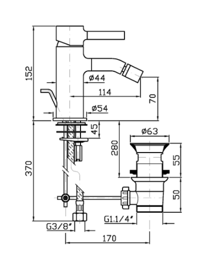 Смеситель для биде Zucchetti Pan, однорычажный, аэратор, донный клапан, цвет Brushed Metal Black - изображение 1