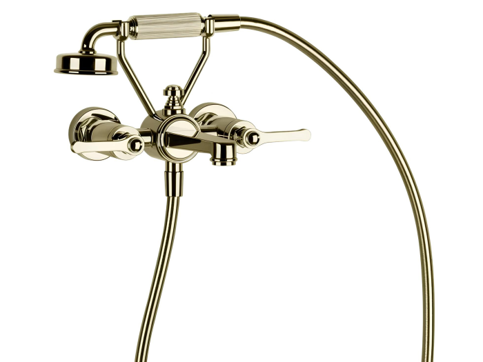 На изображении товар Смеситель для ванны Gessi Venti20, настенный, на 2 позиции с переключателем ванна-душ, подводом воды и держателем лейки, цвет Brass PVD от официального представителя в Москве