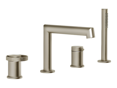 На изображении товар Cмеситель для ванны Gessi Anello, на 4 отверстия, с изливом, ручным душем, девиатором, лейкой, цвет Finox Brushed Nickel от официального представителя в Москве