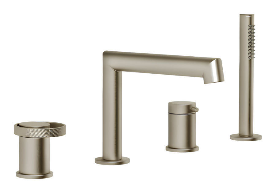 Cмеситель для ванны Gessi Anello, на 4 отверстия, с изливом, ручным душем, девиатором, лейкой, цвет Finox Brushed Nickel