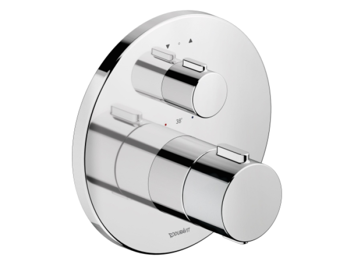 На изображении товар Термостат Duravit Thermostatic, на 2 потребителя, круглая накладка Ø 170 мм, внешняя часть, латунь, цвет хром от официального представителя в Москве