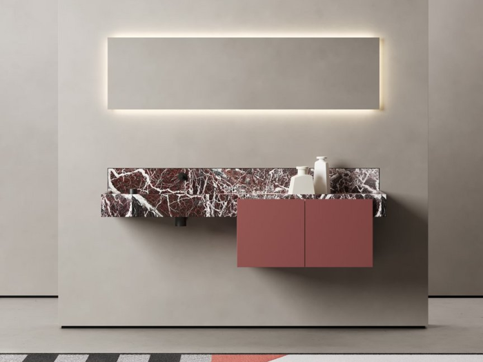 На изображении товар Комплект мебели Antonio Lupi Street Light: столешница с интегрированной раковиной + тумба с двумя ящиками, мрамор Rosso Levanto от официального представителя в Москве
