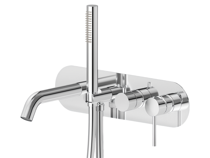 На изображении товар Смеситель для ванны Newform Xt, настенный, скрытого монтажа, переключатель на 2 выхода, ручной душ, внешняя часть, цвет хром от официального представителя в Москве