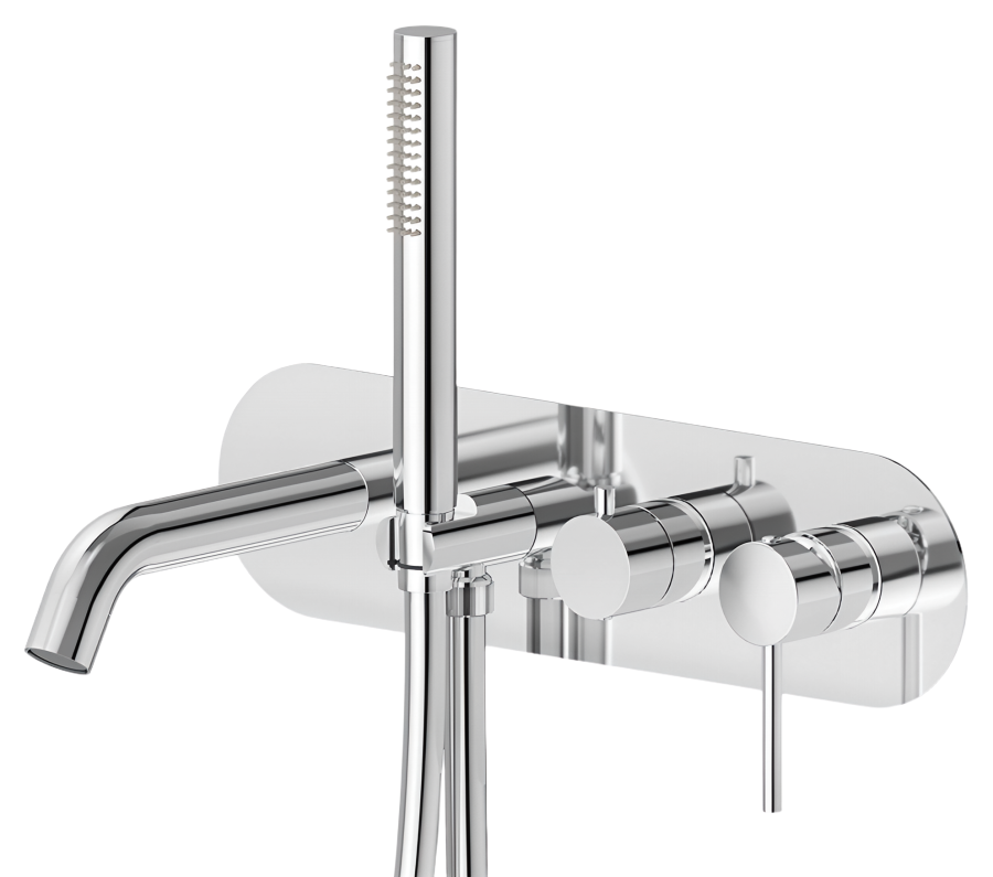 Смеситель для ванны Newform Xt, настенный, скрытого монтажа, переключатель на 2 выхода, ручной душ, внешняя часть, цвет хром