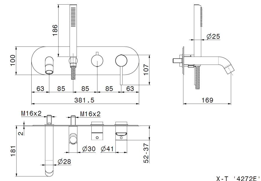 Смеситель для ванны Newform Xt, настенный, скрытого монтажа, переключатель на 2 выхода, ручной душ, внешняя часть, цвет хром - изображение 1