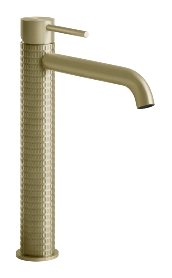 Смеситель для раковины Gessi316, высокий, с длинным изливом, без донного клапана, цвет Brushed Brass PVD