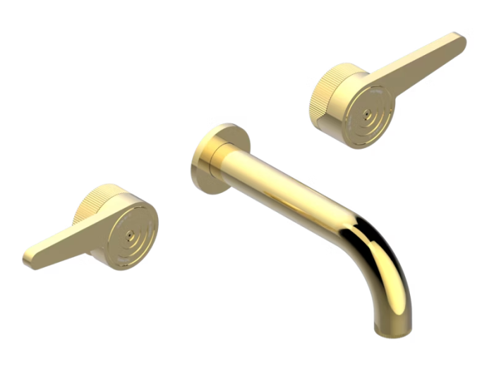 На фото Смеситель для раковины THG Zoom.12, на 3 отверстия, встраиваемый в стену с трубчатым изливом, внешняя часть, цвет Polished gold На изображении товар Смеситель для раковины THG Zoom.12, на 3 отверстия, встраиваемый в стену с трубчатым изливом, внешняя часть, цвет Polished gold от официального представителя в Москве