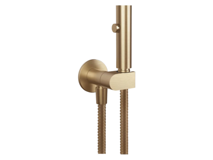 На изображении товар Гигиенический душ Gessi Tondo, с лейкой, шлангом, шланговым подсоединением и держателем лейки, с предохранительным клапаном, ширина 75 мм, цвет Warm Bronze Br. PVD от официального представителя в Москве