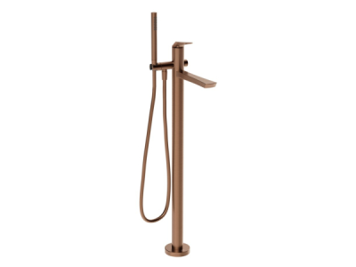 На изображении товар Cмеситель для ванны Gessi Ventaglio, h1069 мм, напольный, с переключателем и ручным душем, внешняя часть, цвет Copper Brushed PVD от официального представителя в Москве