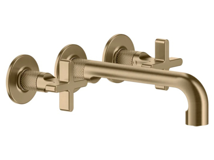 На изображении товар Cмеситель для раковины Gessi Inciso, на 3 отверстия, c средним изливом, без донного клапана, встраиваемый, цвет Warm Bronze Brushed PVD от официального представителя в Москве