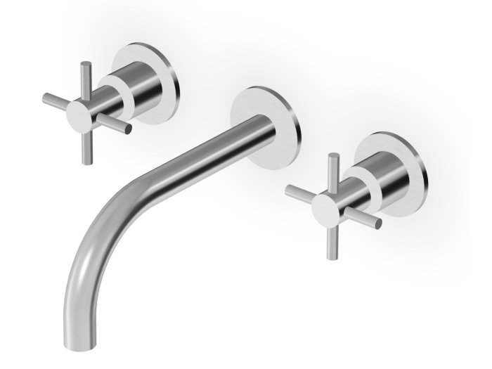 На изображении товар Смеситель для раковины Zucchetti Helm, настенный, двухвентильный, на 3 отверстия, внешняя часть, цвет матовая сталь от официального представителя в Москве