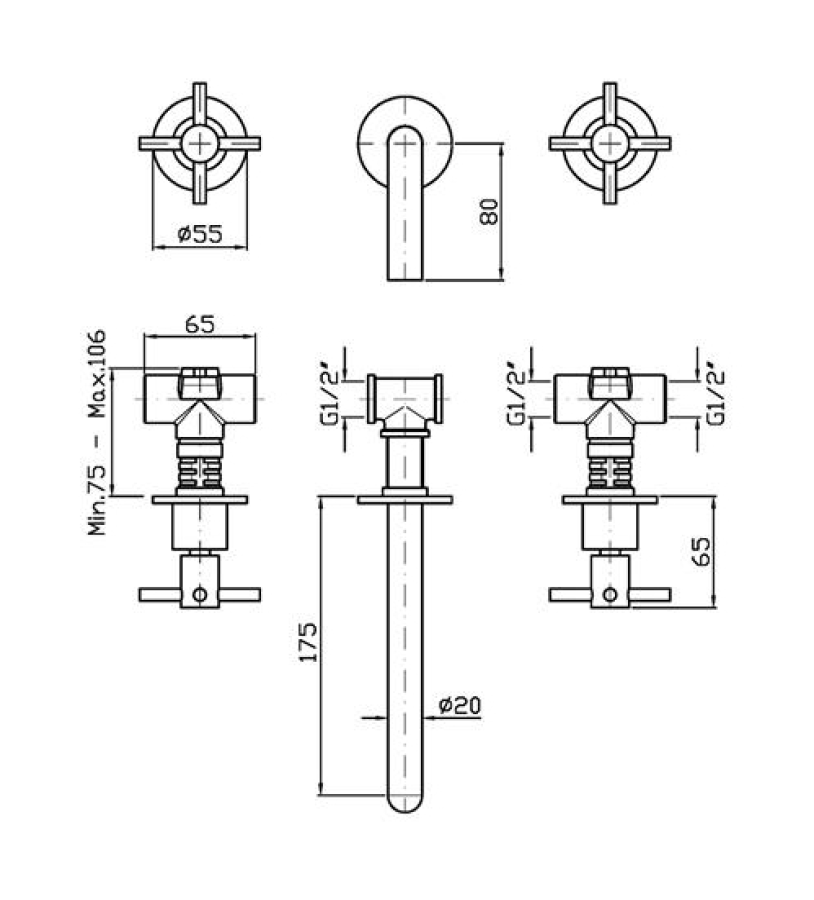 Смеситель для раковины Zucchetti Helm, настенный, двухвентильный, на 3 отверстия, внешняя часть, цвет матовая сталь - изображение 2
