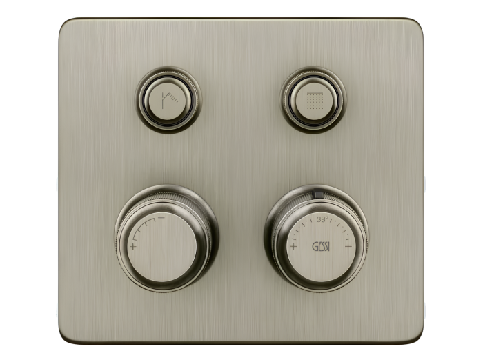 На изображении товар Термостат Gessi HI-FI Eclectic, встраиваемый, до 2 функций одновременно, с кнопками вкл/выкл, внешняя часть, цвет Finox Brushed Nickel от официального представителя в Москве