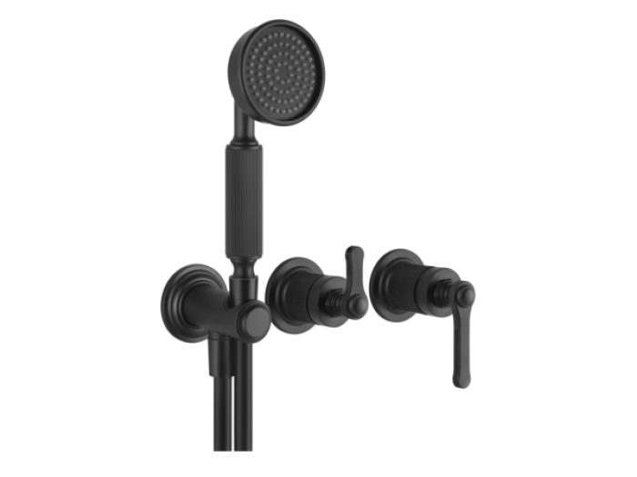 На изображении товар Смеситель Gessi Venti20, настенный, на 2 выхода с переключателем, выводом воды и держателем лейки, внешние части, цвет Matte Black от официального представителя в Москве