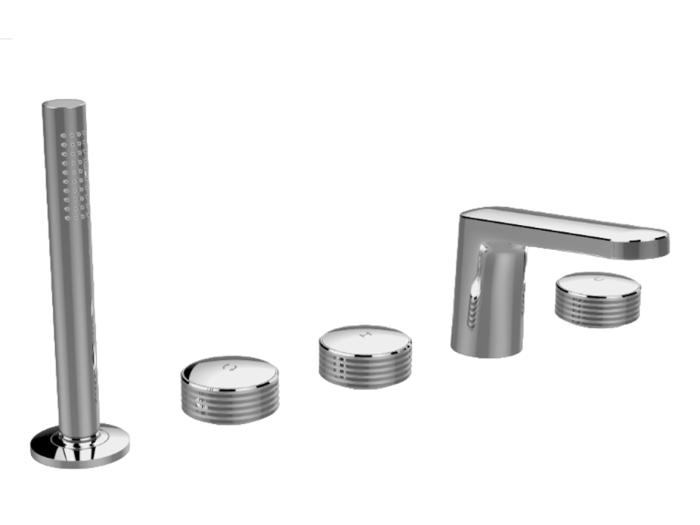 На изображении товар Смеситель для ванны Carlo Frattini Texture Collection Н, на борт, на 5 отверстий, с изливом, переключателем, вытяжным душем, без накладок, цвет золото от официального представителя в Москве