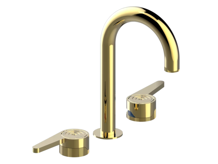 На фото Смеситель для раковины THG Zoom.12 на 3 отверстия, с высоким изливом, с донным клапаном, цвет Polished gold На изображении товар Смеситель для раковины THG Zoom.12 на 3 отверстия, с высоким изливом, с донным клапаном, цвет Polished gold от официального представителя в Москве