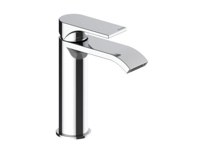 На изображении товар Cмеситель для раковины Bossini Apice 2-M, однорычажный, на 1 отверстие, прямоугольный аэратор 28x7 мм, донный клапан 1”1/4, гибкая подводка из нерж. стали 3/8” F, цвет хром от официального представителя в Москве