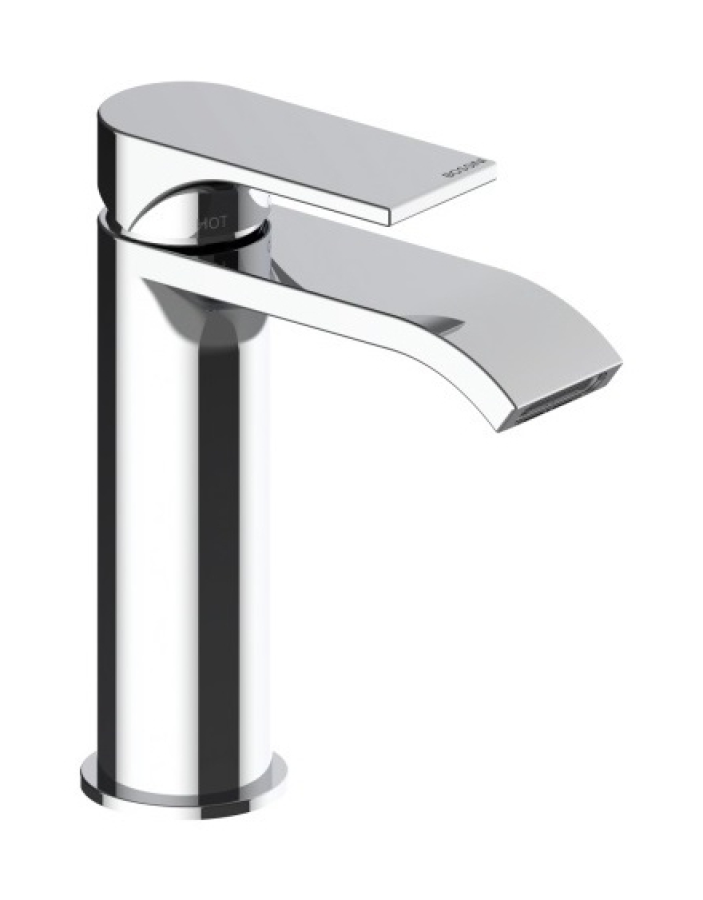 Cмеситель для раковины Bossini Apice 2-M, однорычажный, на 1 отверстие, прямоугольный аэратор 28x7 мм, донный клапан 1”1/4, гибкая подводка из нерж. стали 3/8” F, цвет хром