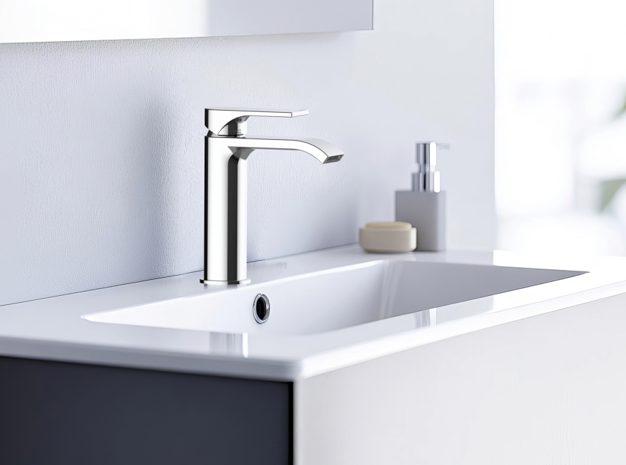 Cмеситель для раковины Bossini Apice 2-M, однорычажный, на 1 отверстие, прямоугольный аэратор 28x7 мм, донный клапан 1”1/4, гибкая подводка из нерж. стали 3/8” F, цвет хром - изображение 1