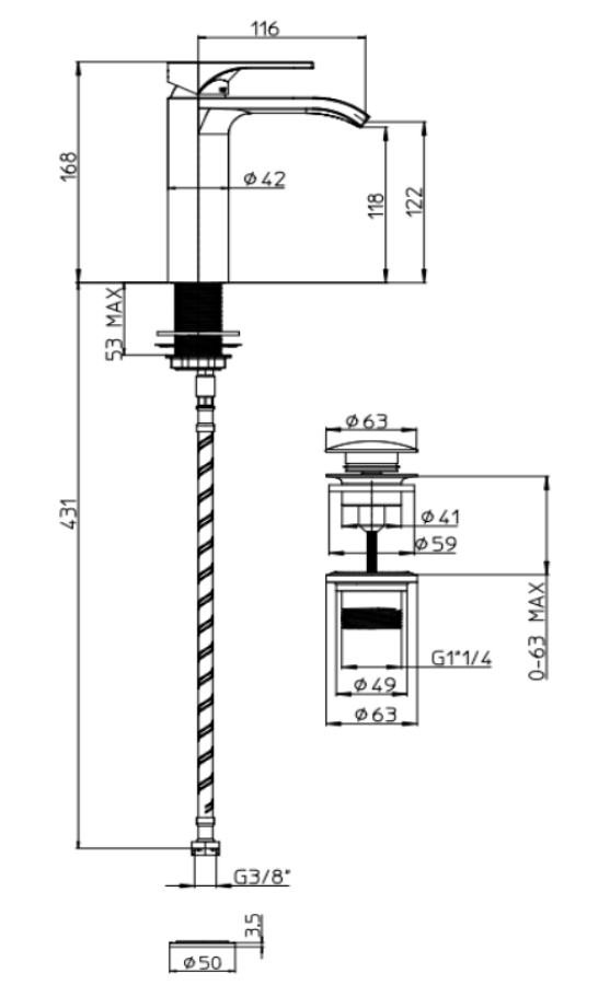 Cмеситель для раковины Bossini Apice 2-M, однорычажный, на 1 отверстие, прямоугольный аэратор 28x7 мм, донный клапан 1”1/4, гибкая подводка из нерж. стали 3/8” F, цвет хром - изображение 2