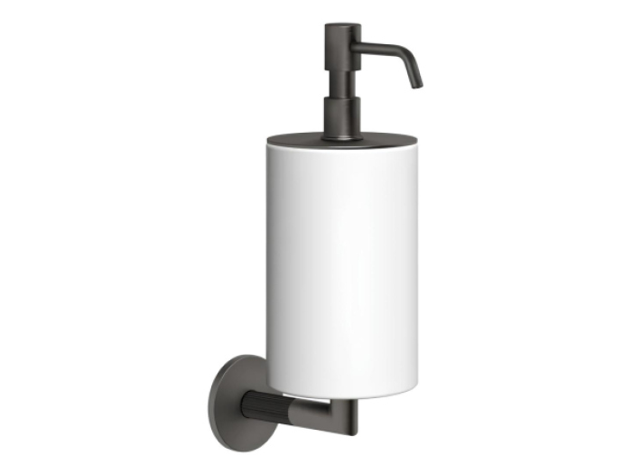 На изображении товар Дозатор для жидкого мыла Gessi Ingranaggio, настенный, колба белый композитный материал, цвет Black Metal Brushed PVD от официального представителя в Москве