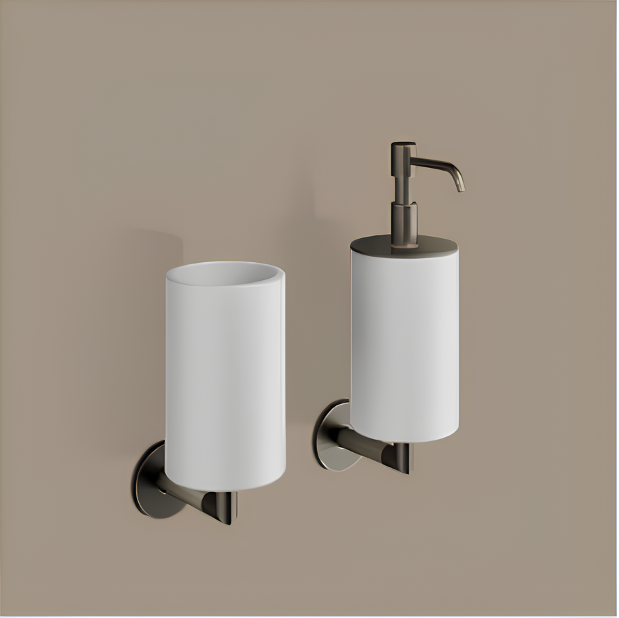 Дозатор для жидкого мыла Gessi Ingranaggio, настенный, колба белый композитный материал, цвет Black Metal Brushed PVD - изображение 2