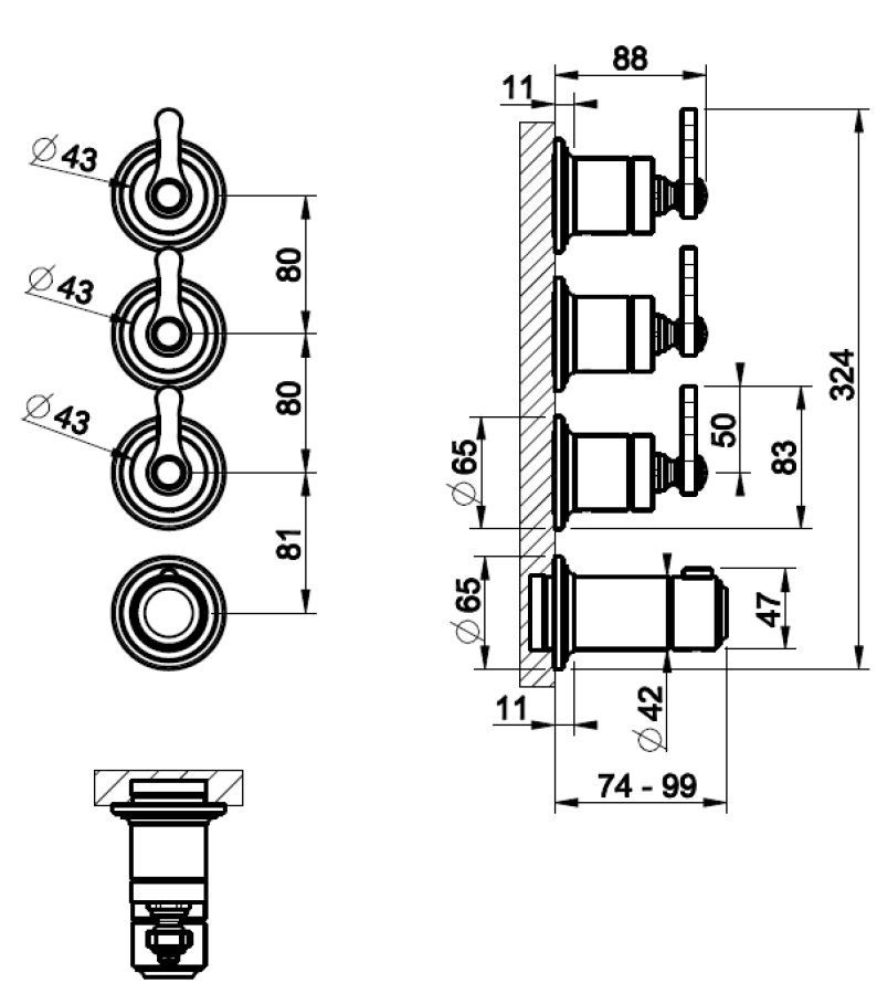 Термостат Gessi Venti20, с 3 независимыми выходами, встраиваемый, внешняя часть, цвет Brass PVD - изображение 1
