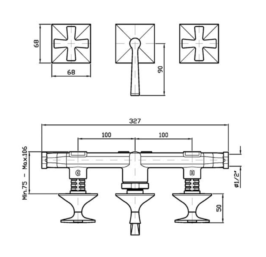 Смеситель для ванны/душа Zucchetti Bellagio, настенный, на 3 отверстия, без излива, с 2-ходовым переключателем, внешняя часть, цвет хром - изображение 1