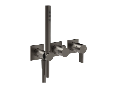 На изображении товар Cмеситель для душа Gessi Inverso, настенный, c ручным душем, на 2 выхода, внешние части, цвет Black Metal Brushed PVD от официального представителя в Москве