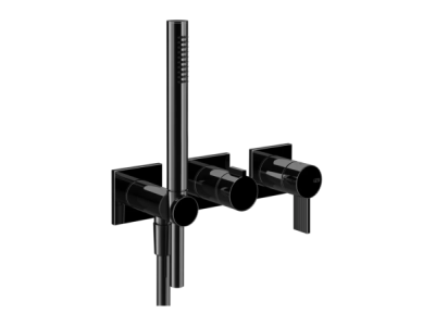 На изображении товар Cмеситель для душа Gessi Inverso, встраиваемый, настенный, на 2 выхода, с переключателем и ручным душем, внешняя часть, цвет Black Metal PVD от официального представителя в Москве