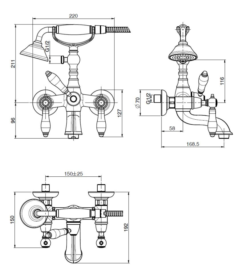 Смеситель для ванны Carlo Frattini Herend, с душевым комплектом, шлангом из латуни 1500 мм, керамическими ручками, Н-307 мм, цвет золото - изображение 1
