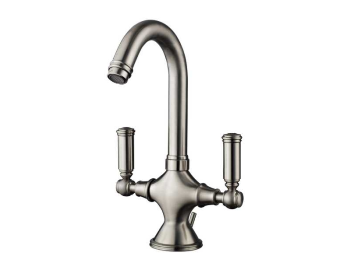 На изображении товар Cмеситель для раковины Bossini Liberty, поворотный излив, двух рычаговый, c донным клапаном 1”1/4, цвет никель шлифованный от официального представителя в Москве