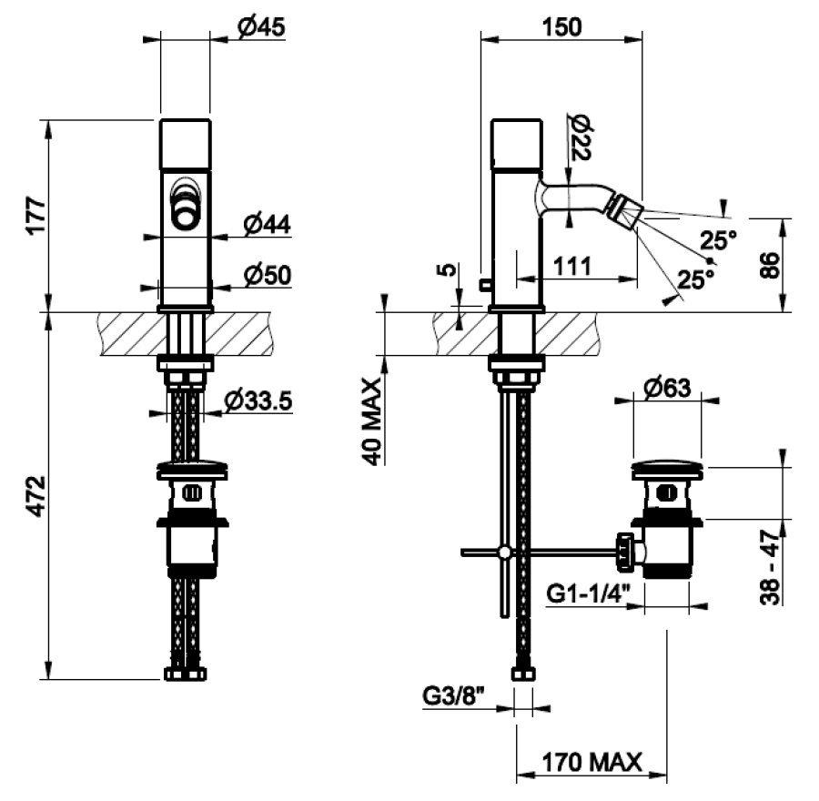 Смеситель для биде Gessi Habito, с донным клапаном и соединительными шлангами, цвет Black Metal Brushed PVD - изображение 1