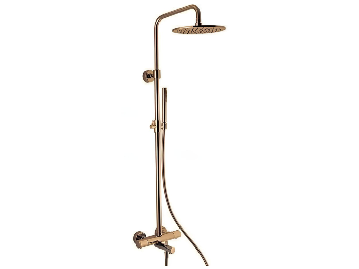 На изображении товар Душевая система Carlo Frattini Wellness, c внешним термостатом, стойка h1547 мм, верхний душ Ø 250 мм, ручной душ, шланг, цвет брашированная бронза от официального представителя в Москве