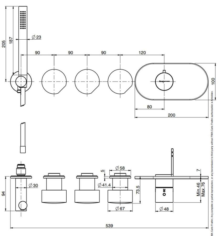 Термостат для ванны/душа Carlo Frattini SO, на 3 потребителя, без ручек, с ручным душем, гибким шлангом хромалюкс 1500 мм, внешняя часть, цвет чёрный матовый - изображение 1