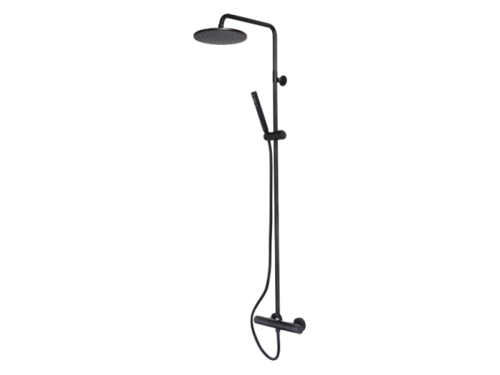 На изображении товар Душевая стойка Bossini Black&White Line Cosmo L1 Single Lever, для душа с механическим смесителем, ручным и верхним душем D230 мм, цвет черный матовый от официального представителя в Москве