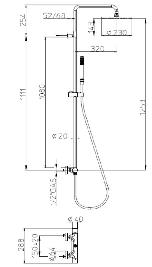 Душевая стойка Bossini Black&White Line Cosmo L1 Single Lever, для душа с механическим смесителем, ручным и верхним душем D230 мм, цвет черный матовый - изображение 1